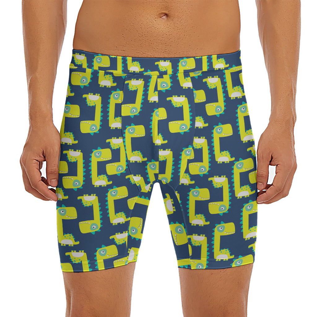 Little Green Dinosaur Pattern Print Men's Long Boxer Briefs