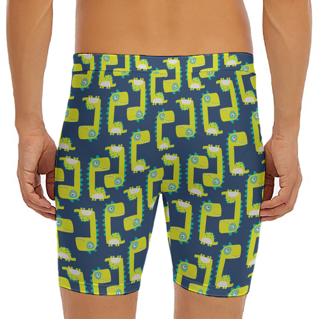 Little Green Dinosaur Pattern Print Men's Long Boxer Briefs