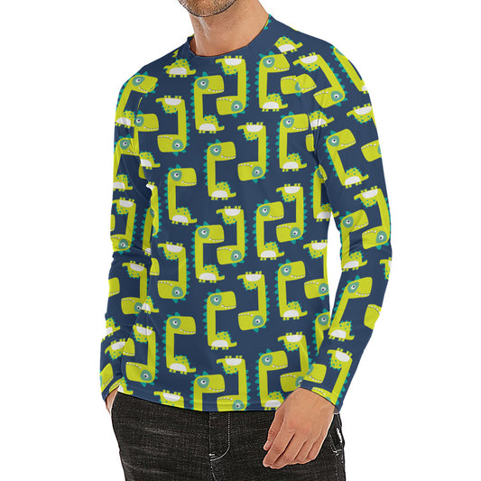 Little Green Dinosaur Pattern Print Men's Long Sleeve Rash Guard