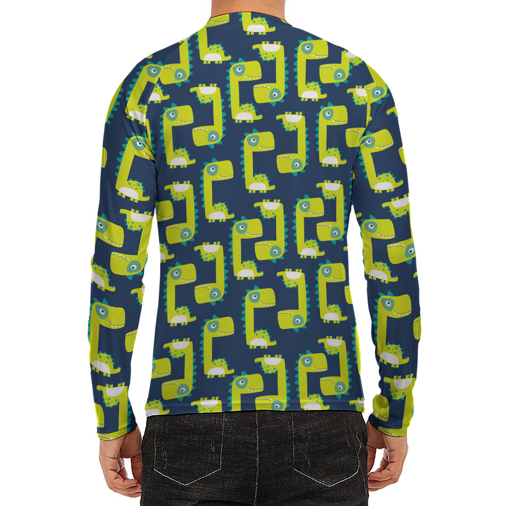 Little Green Dinosaur Pattern Print Men's Long Sleeve Rash Guard