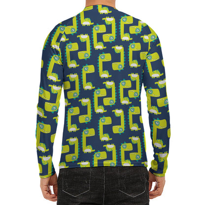Little Green Dinosaur Pattern Print Men's Long Sleeve Rash Guard