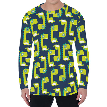 Little Green Dinosaur Pattern Print Men's Long Sleeve T-Shirt