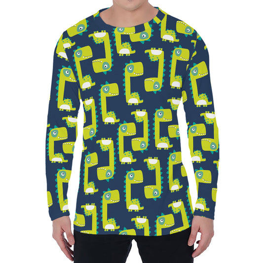 Little Green Dinosaur Pattern Print Men's Long Sleeve T-Shirt