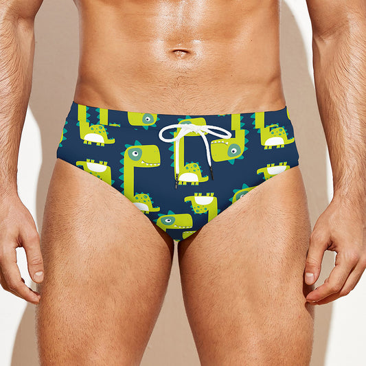 Little Green Dinosaur Pattern Print Men's Swim Briefs