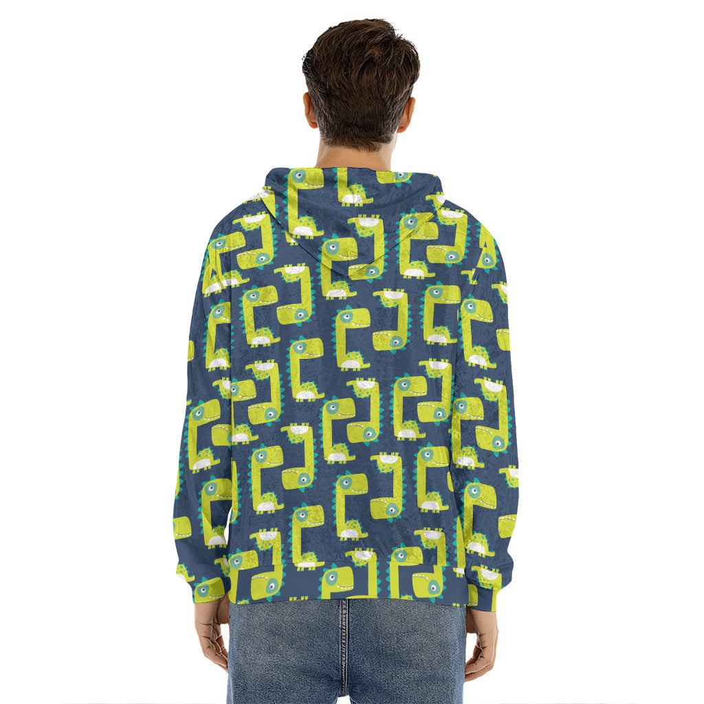 Little Green Dinosaur Pattern Print Men's Velvet Pullover Hoodie