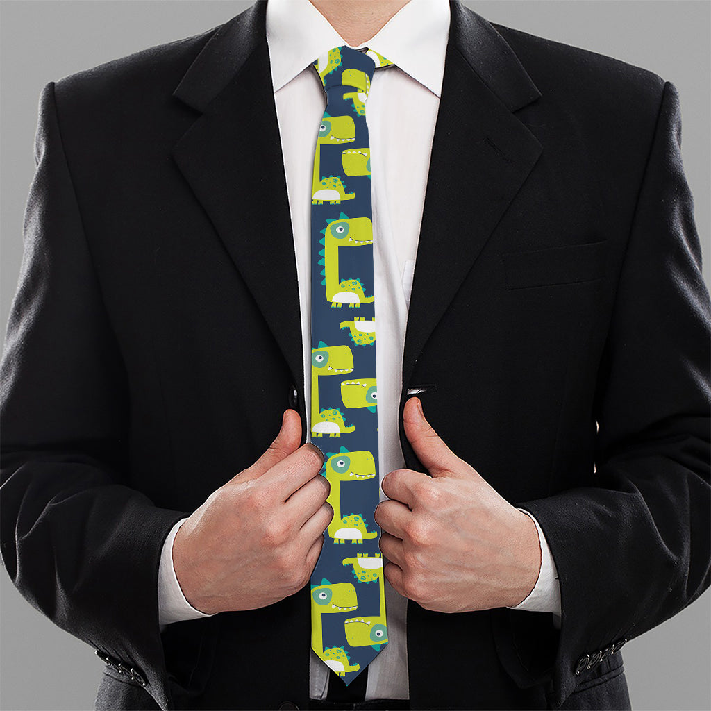 Little Green Dinosaur Pattern Print Necktie