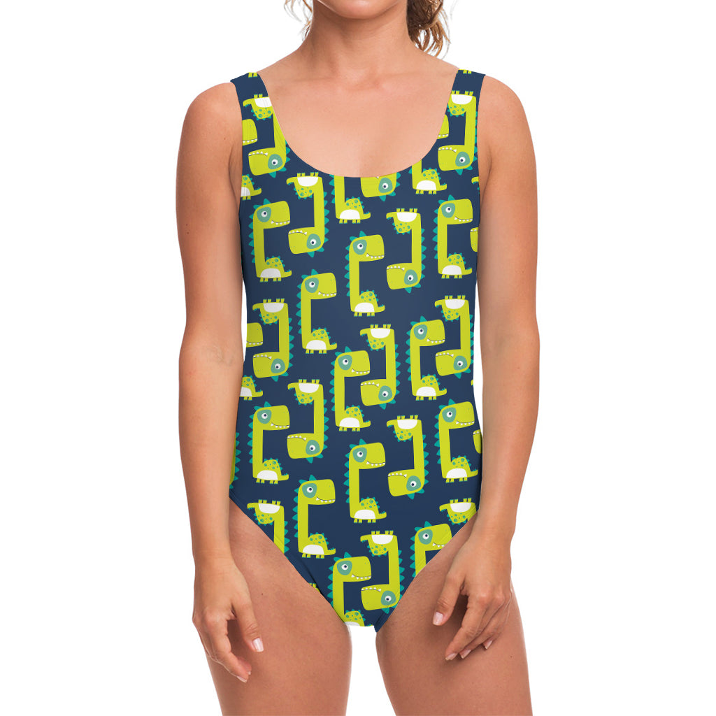 Little Green Dinosaur Pattern Print One Piece Swimsuit