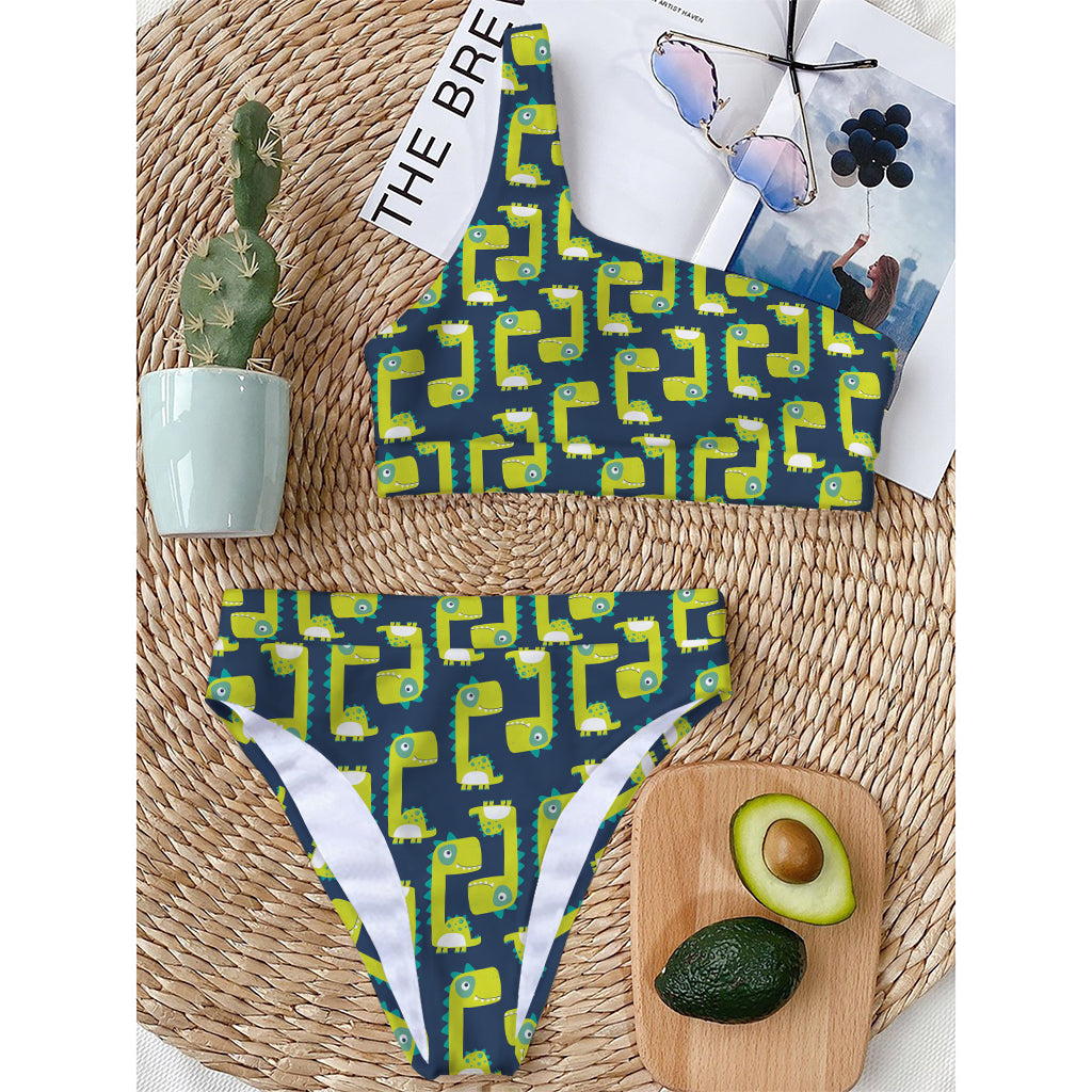 Little Green Dinosaur Pattern Print One Shoulder Bikini Top