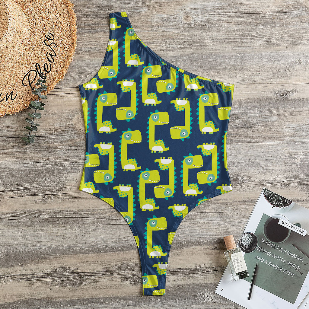 Little Green Dinosaur Pattern Print One Shoulder Bodysuit