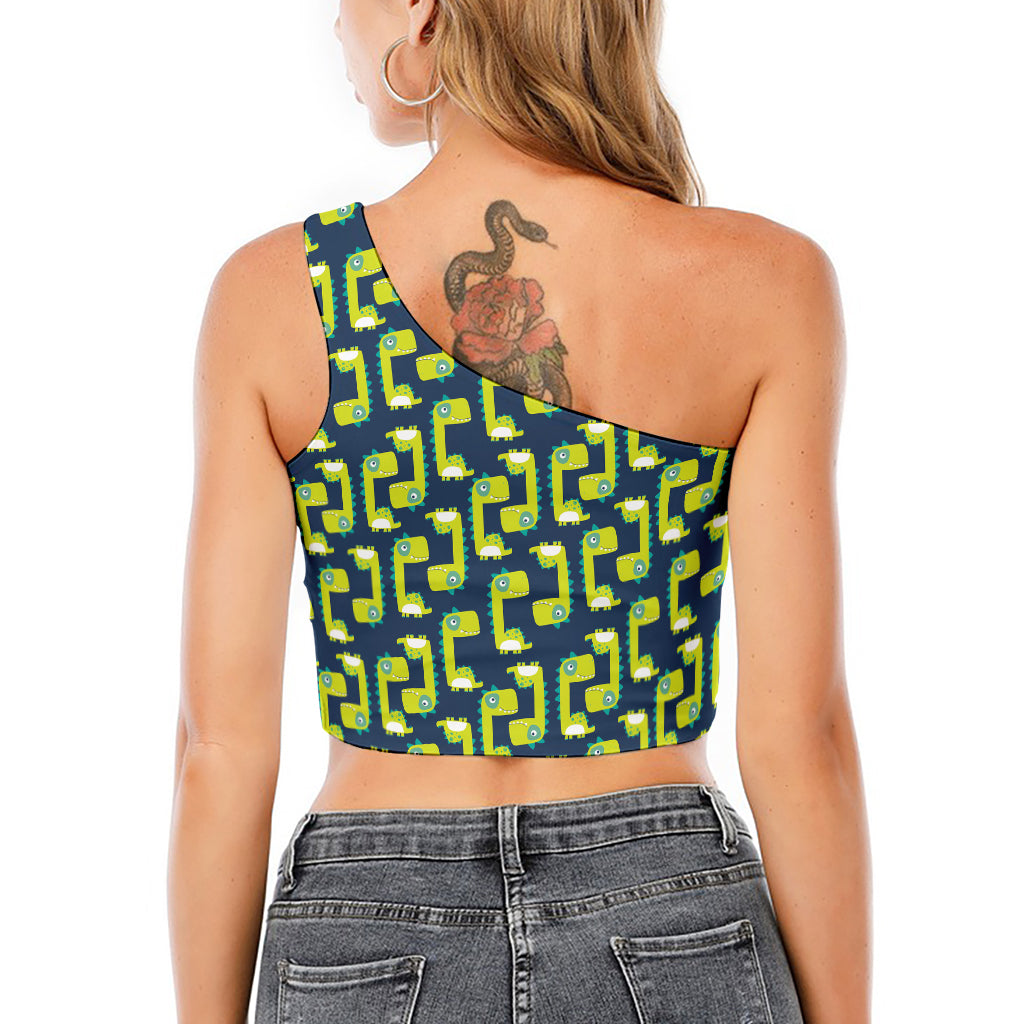 Little Green Dinosaur Pattern Print One Shoulder Crop Top