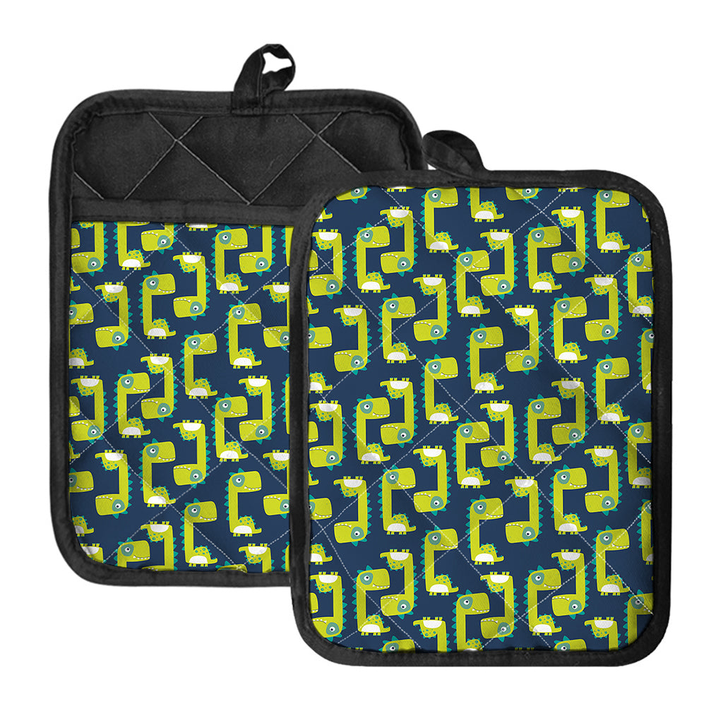 Little Green Dinosaur Pattern Print Pot Holders With Pocket