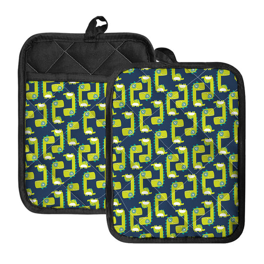 Little Green Dinosaur Pattern Print Pot Holders With Pocket