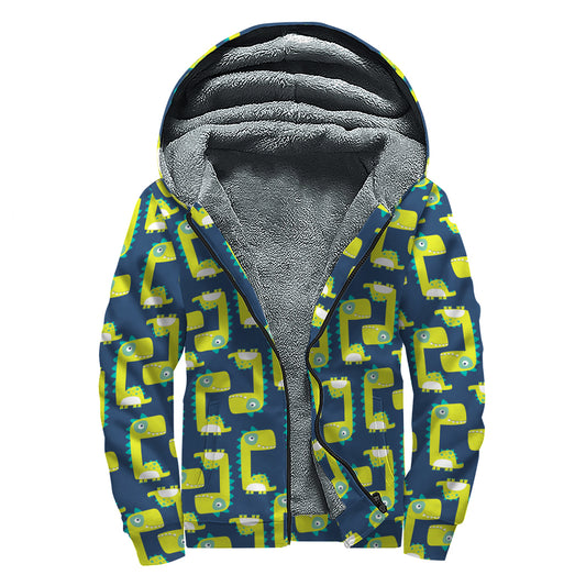 Little Green Dinosaur Pattern Print Sherpa Lined Zip Up Hoodie