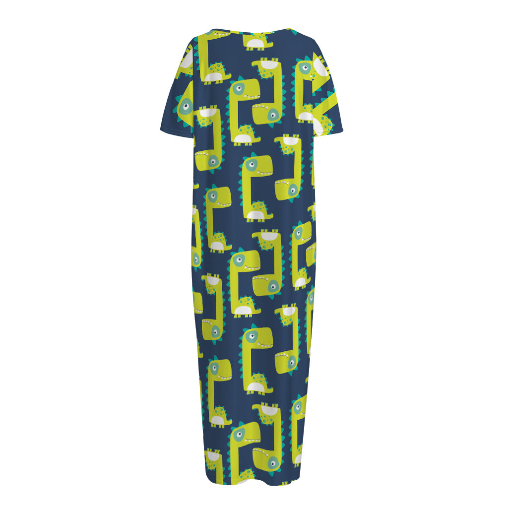 Little Green Dinosaur Pattern Print Short Sleeve Long Nightdress