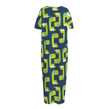 Little Green Dinosaur Pattern Print Short Sleeve Long Nightdress
