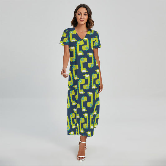 Little Green Dinosaur Pattern Print Short Sleeve Maxi Dress