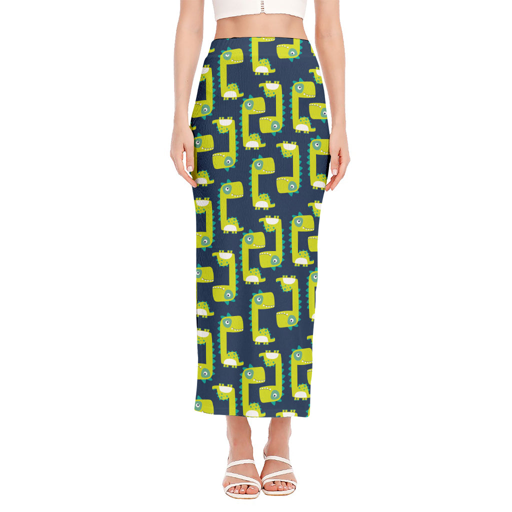 Little Green Dinosaur Pattern Print Side Slit Maxi Skirt