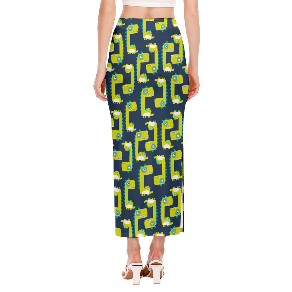Little Green Dinosaur Pattern Print Side Slit Maxi Skirt