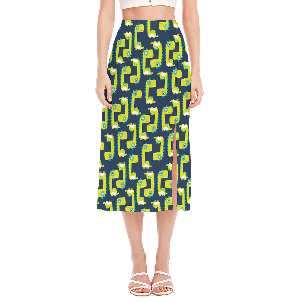 Little Green Dinosaur Pattern Print Side Slit Midi Skirt