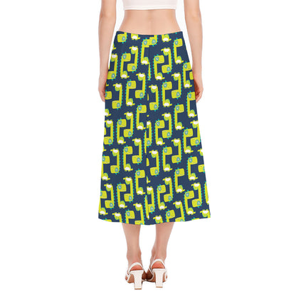 Little Green Dinosaur Pattern Print Side Slit Midi Skirt