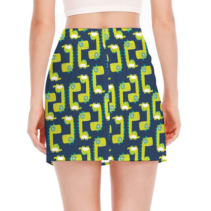 Little Green Dinosaur Pattern Print Side Slit Mini Skirt