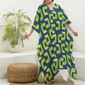 Little Green Dinosaur Pattern Print Silk V-Neck Kaftan Dress