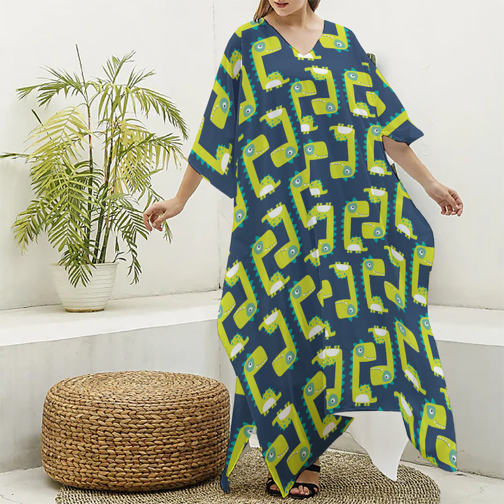 Little Green Dinosaur Pattern Print Silk V-Neck Kaftan Dress