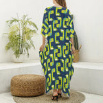 Little Green Dinosaur Pattern Print Silk V-Neck Kaftan Dress
