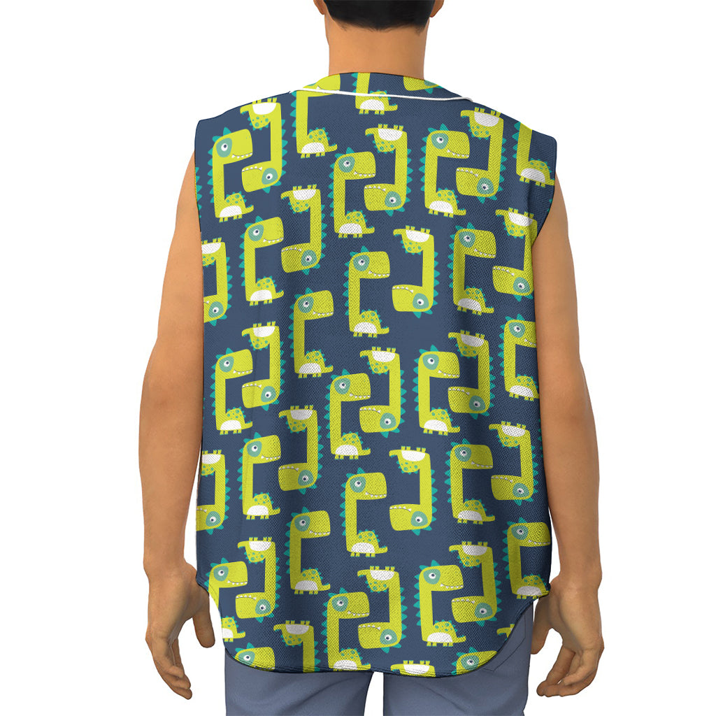 Little Green Dinosaur Pattern Print Sleeveless Baseball Jersey