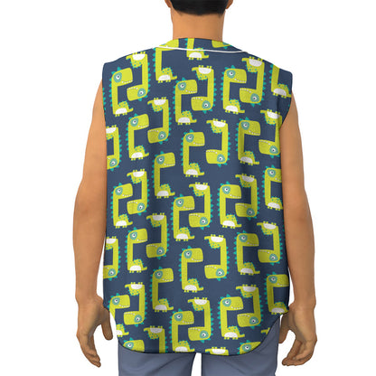 Little Green Dinosaur Pattern Print Sleeveless Baseball Jersey