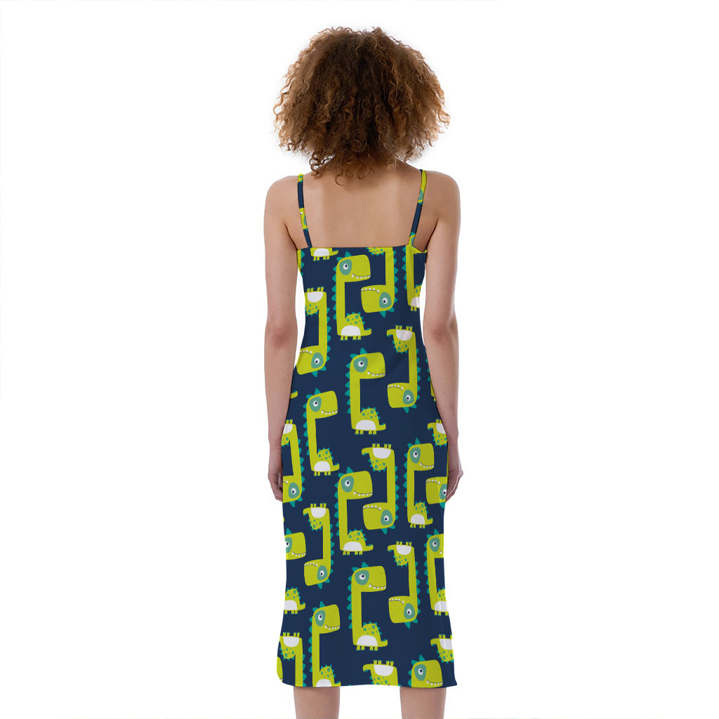 Little Green Dinosaur Pattern Print Slim Fit Midi Cami Dress