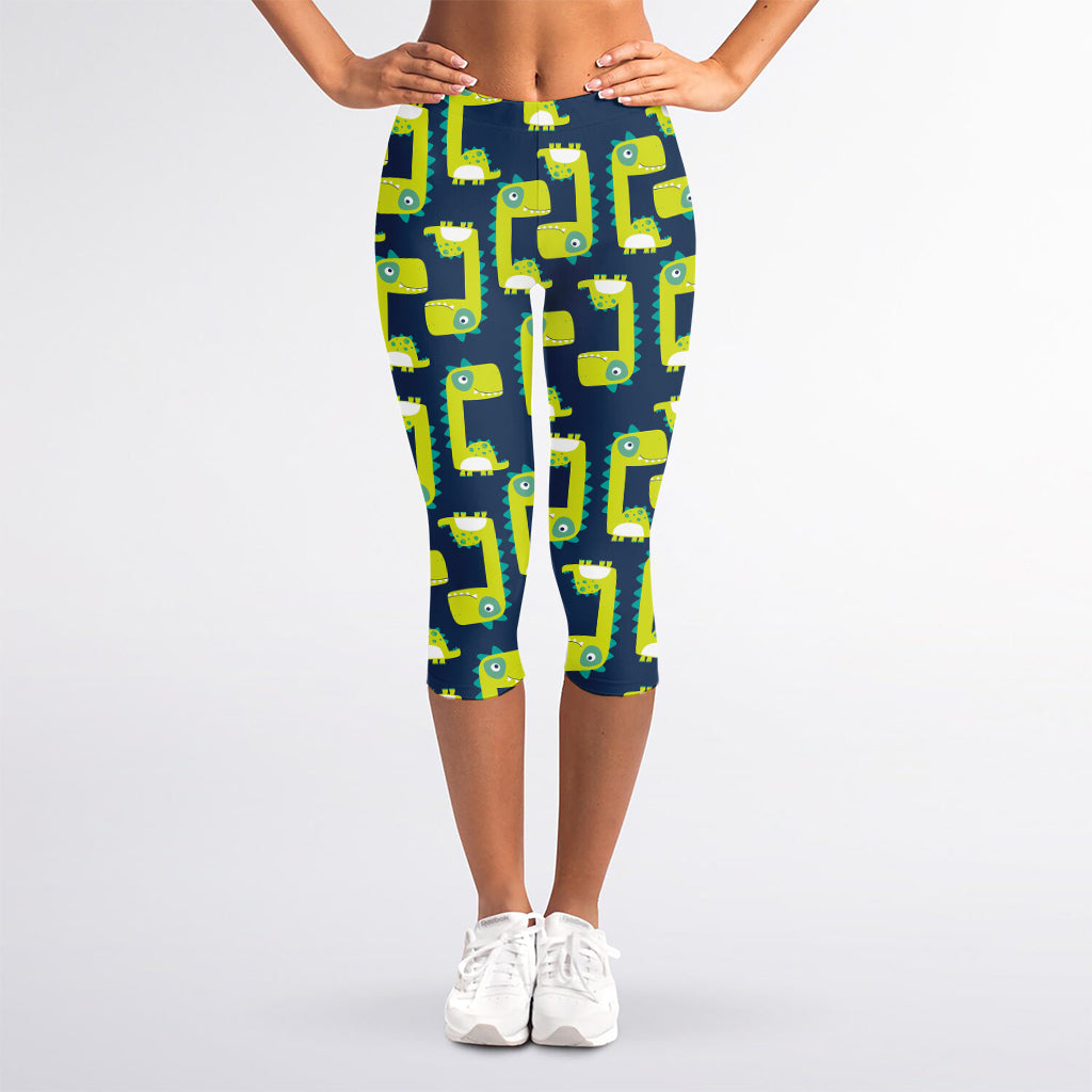 Little Green Dinosaur Pattern Print Women's Capri Leggings