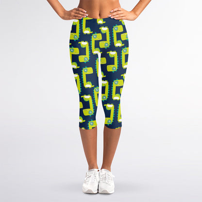 Little Green Dinosaur Pattern Print Women's Capri Leggings