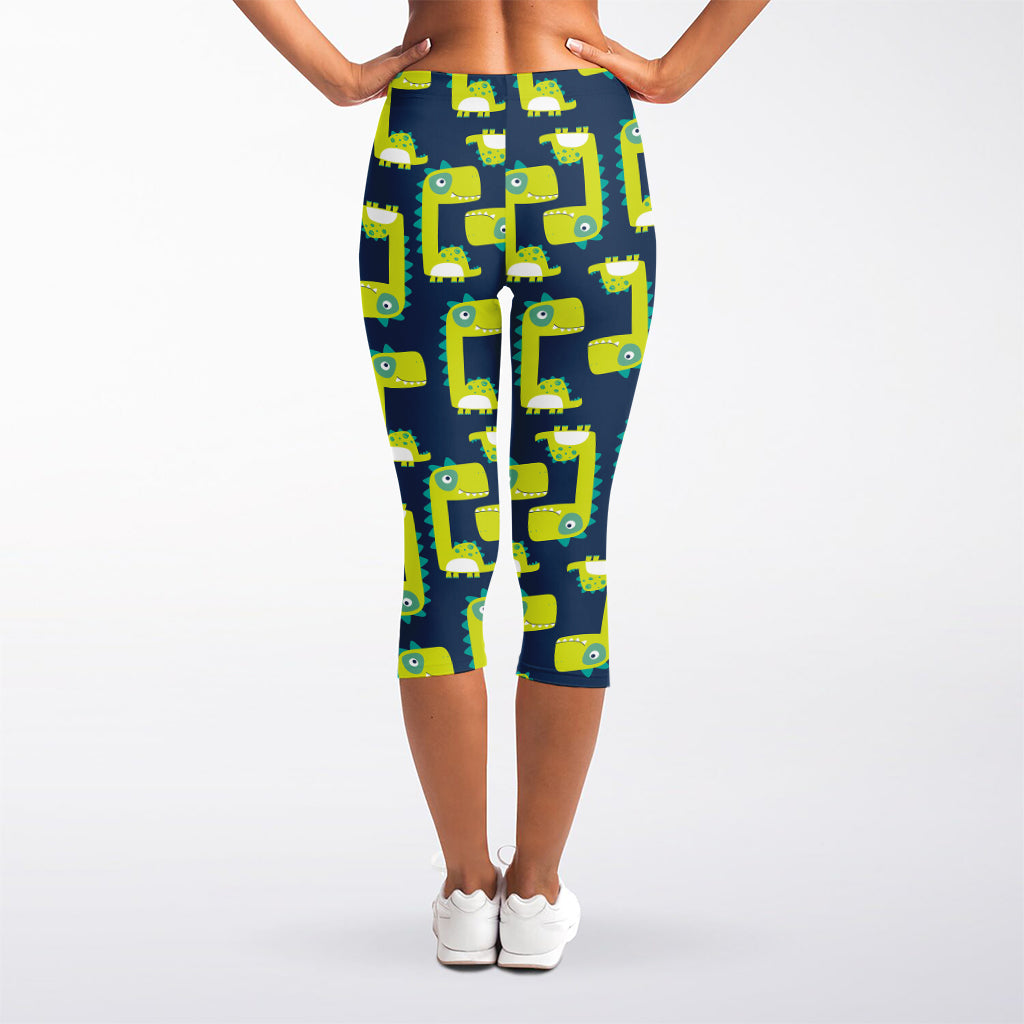 Little Green Dinosaur Pattern Print Women's Capri Leggings
