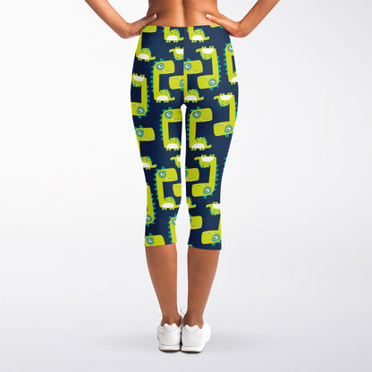 Little Green Dinosaur Pattern Print Women's Capri Leggings