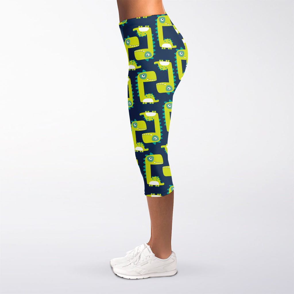 Little Green Dinosaur Pattern Print Women's Capri Leggings