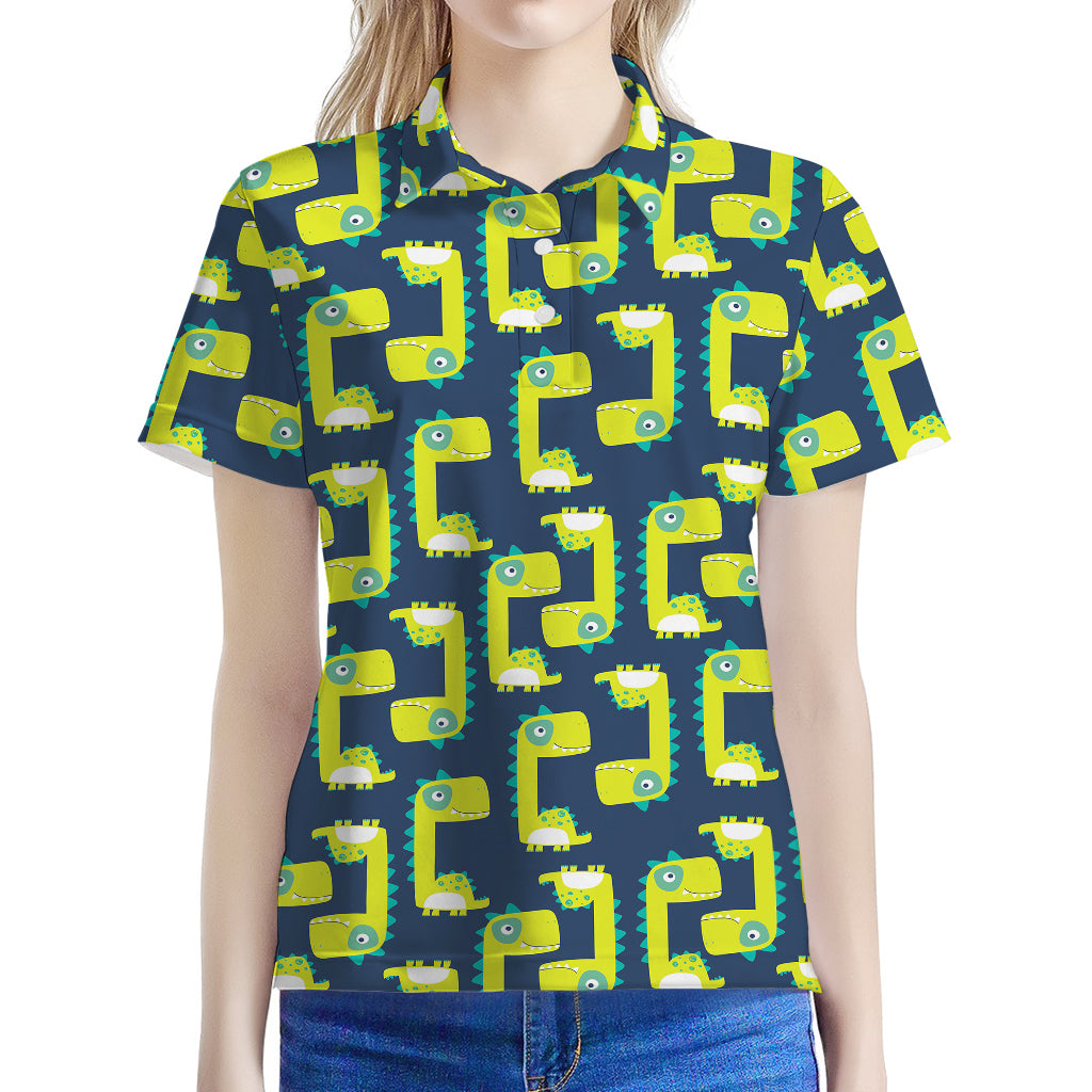 Little Green Dinosaur Pattern Print Women's Polo Shirt