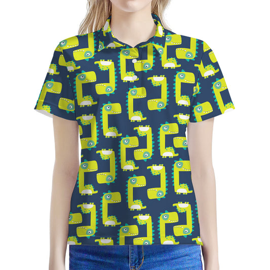 Little Green Dinosaur Pattern Print Women's Polo Shirt
