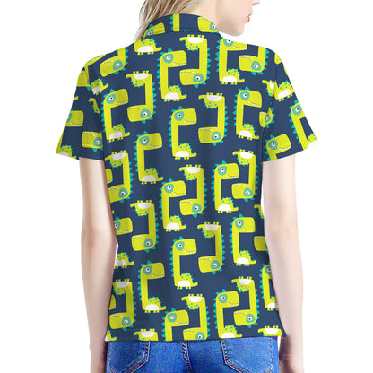 Little Green Dinosaur Pattern Print Women's Polo Shirt
