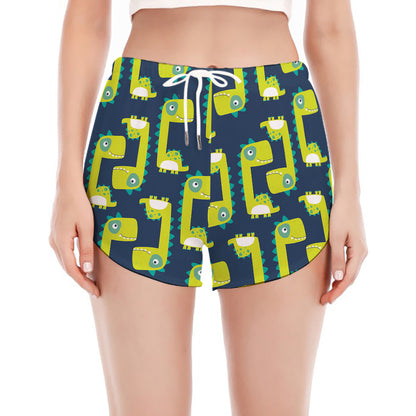 Little Green Dinosaur Pattern Print Women's Split Running Shorts