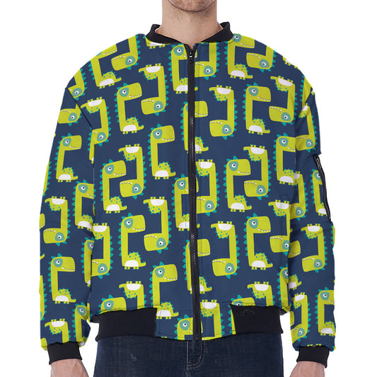 Little Green Dinosaur Pattern Print Zip Sleeve Bomber Jacket
