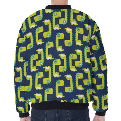 Little Green Dinosaur Pattern Print Zip Sleeve Bomber Jacket
