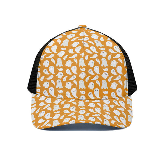 Little Halloween Ghost Pattern Print Black Mesh Trucker Cap