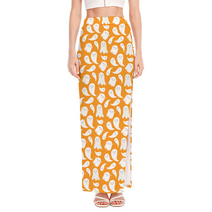 Little Halloween Ghost Pattern Print High Slit Maxi Skirt