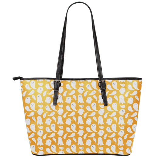 Little Halloween Ghost Pattern Print Leather Tote Bag