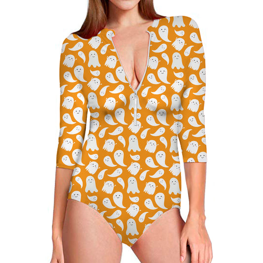 Little Halloween Ghost Pattern Print Long Sleeve Swimsuit