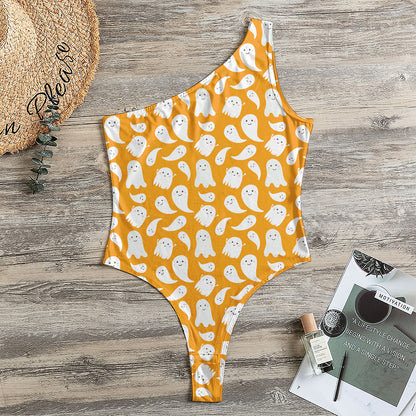 Little Halloween Ghost Pattern Print One Shoulder Bodysuit