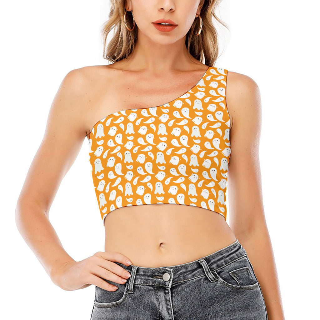 Little Halloween Ghost Pattern Print One Shoulder Crop Top