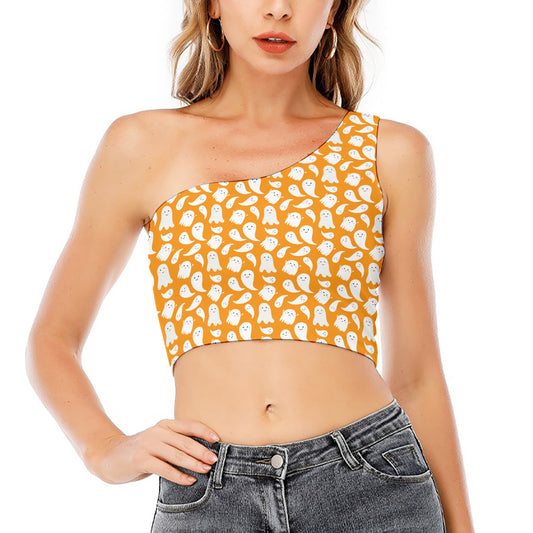 Little Halloween Ghost Pattern Print One Shoulder Crop Top
