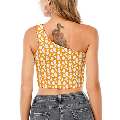 Little Halloween Ghost Pattern Print One Shoulder Crop Top